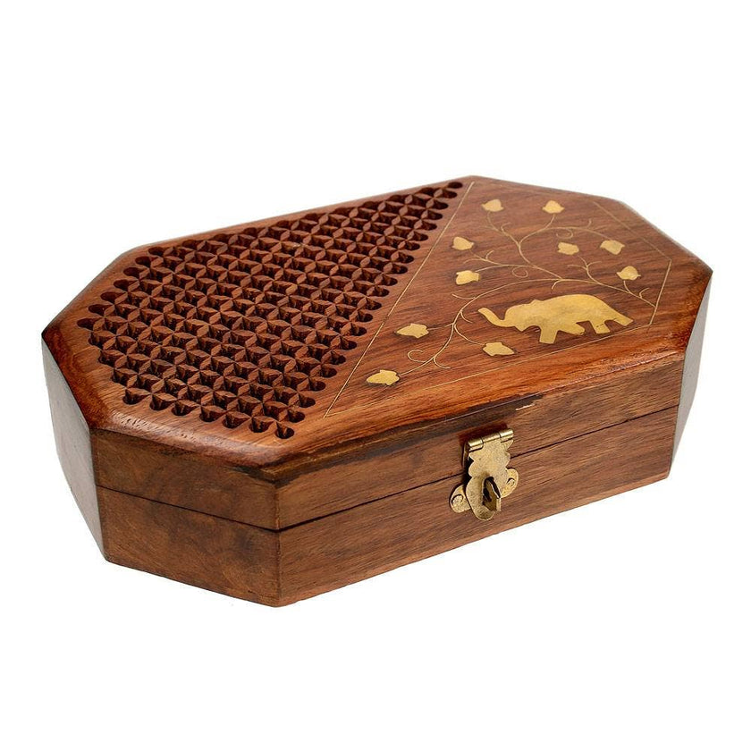 Octagonal Wooden Box-Elephant Inlay