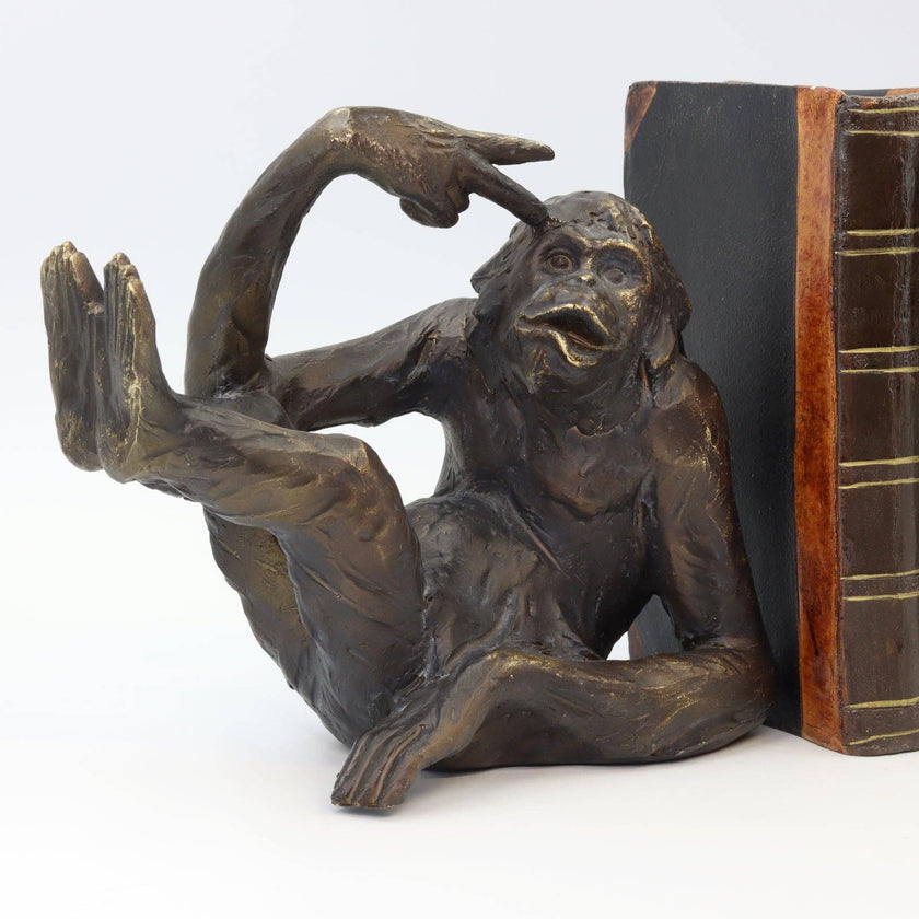 A bronze-finished figurine of a seated primate holding a book between its legs, styled as a bookend next to a vintage-style book on a white background.
