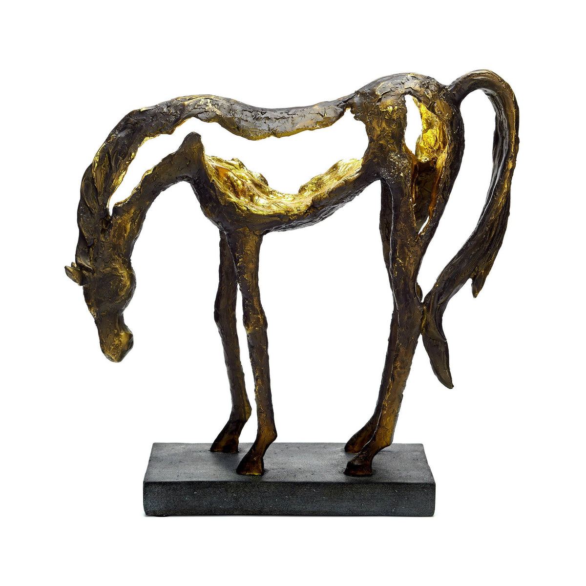 Grazing horse sculpture with a lowered head, flowing silhouette and bronze finish with golden highlights