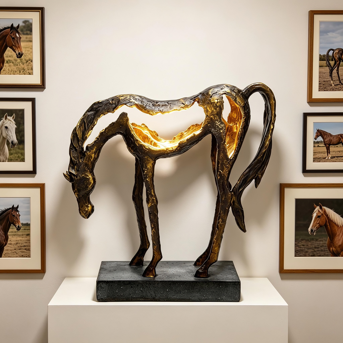 Bronze horse sculpture on a pedestal with framed horse portraits on the wall.