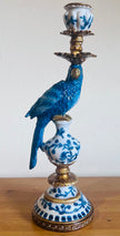Antiqued Ornate Blue/White Parrot Candle Holder.