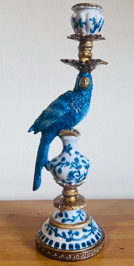 Antiqued Ornate Blue/White Parrot Candle Holder.