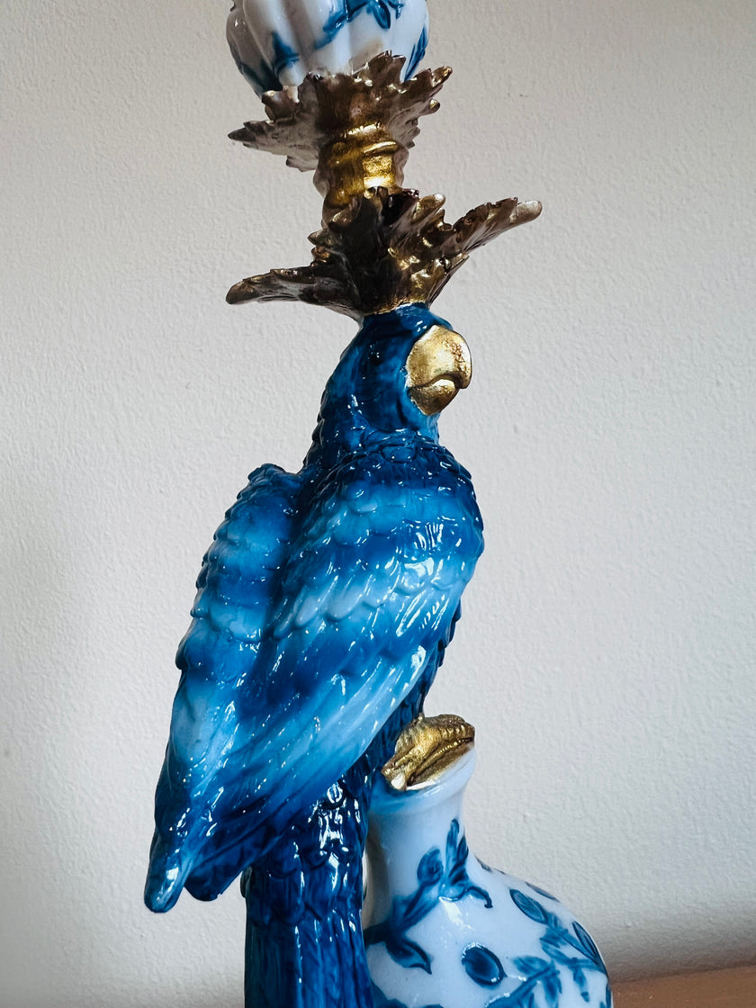 Antiqued Ornate Blue/White Parrot Candle Holder.