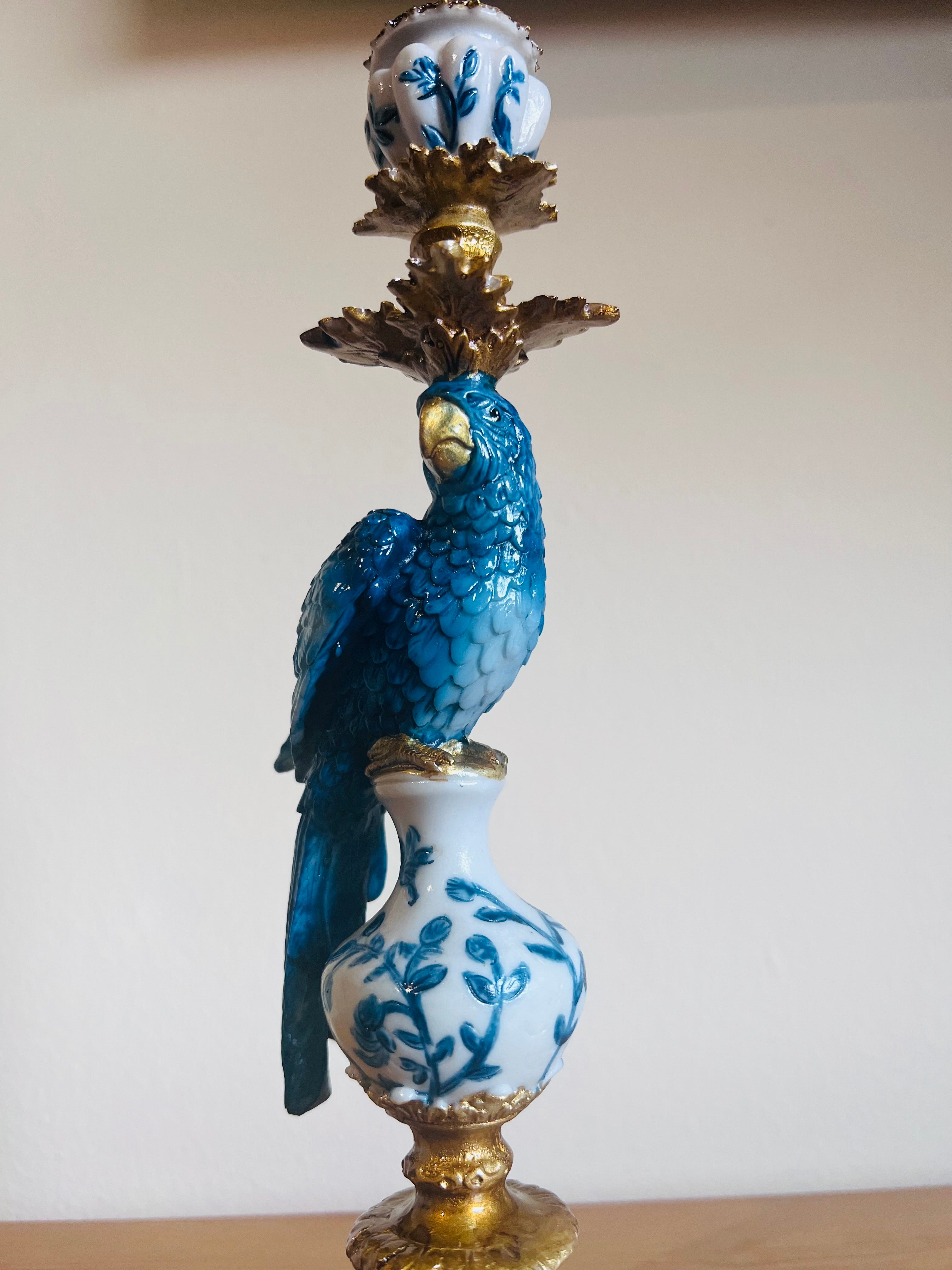 Antiqued Ornate Blue/White Parrot Candle Holder.