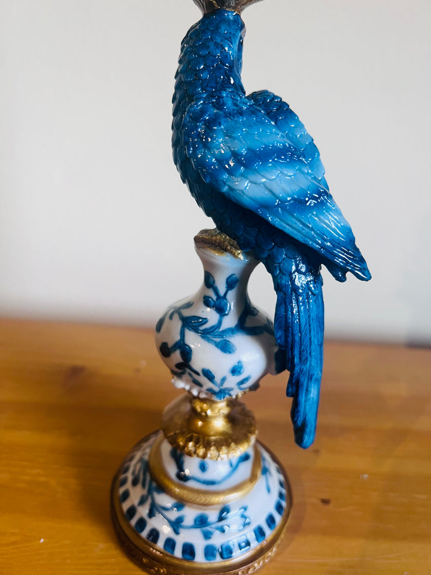 Antiqued Ornate Blue/White Parrot Candle Holder.