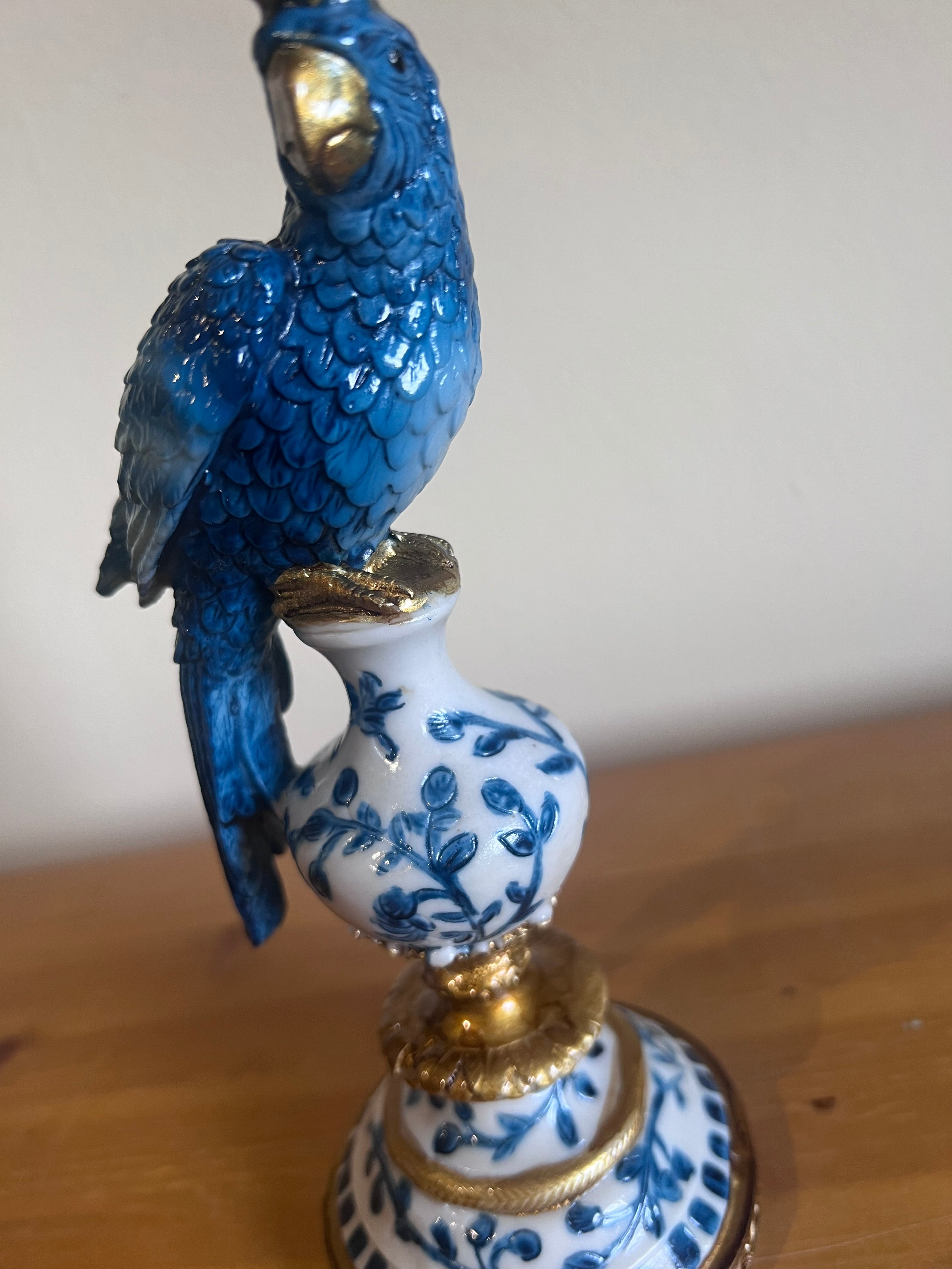 Antiqued Ornate Blue/White Parrot Candle Holder.