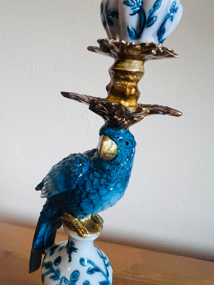 Antiqued Ornate Blue/White Parrot Candle Holder.