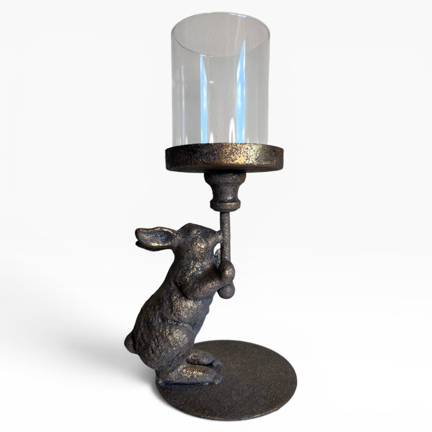 Antiqued Rabbit Candle Holder with Glass Cover