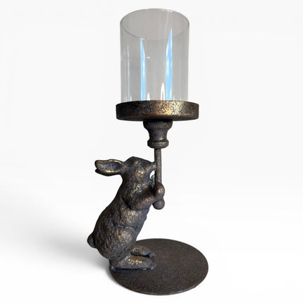 Antiqued Rabbit Candle Holder with Glass Cover