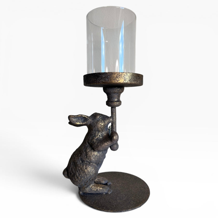 Antiqued Rabbit Candle Holder with Glass Cover