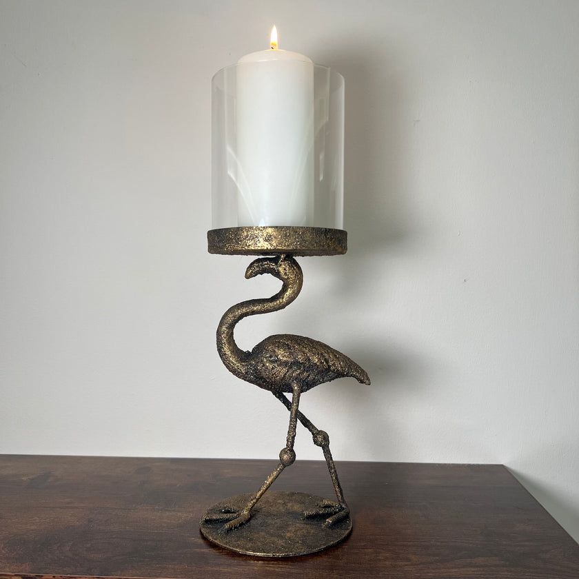 Flamingo Hurricane Candle Holder – Antique Brass