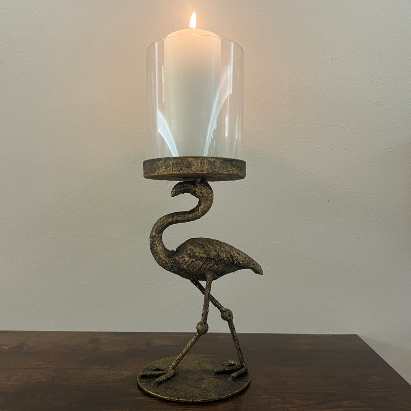 Flamingo Hurricane Candle Holder – Antique Brass