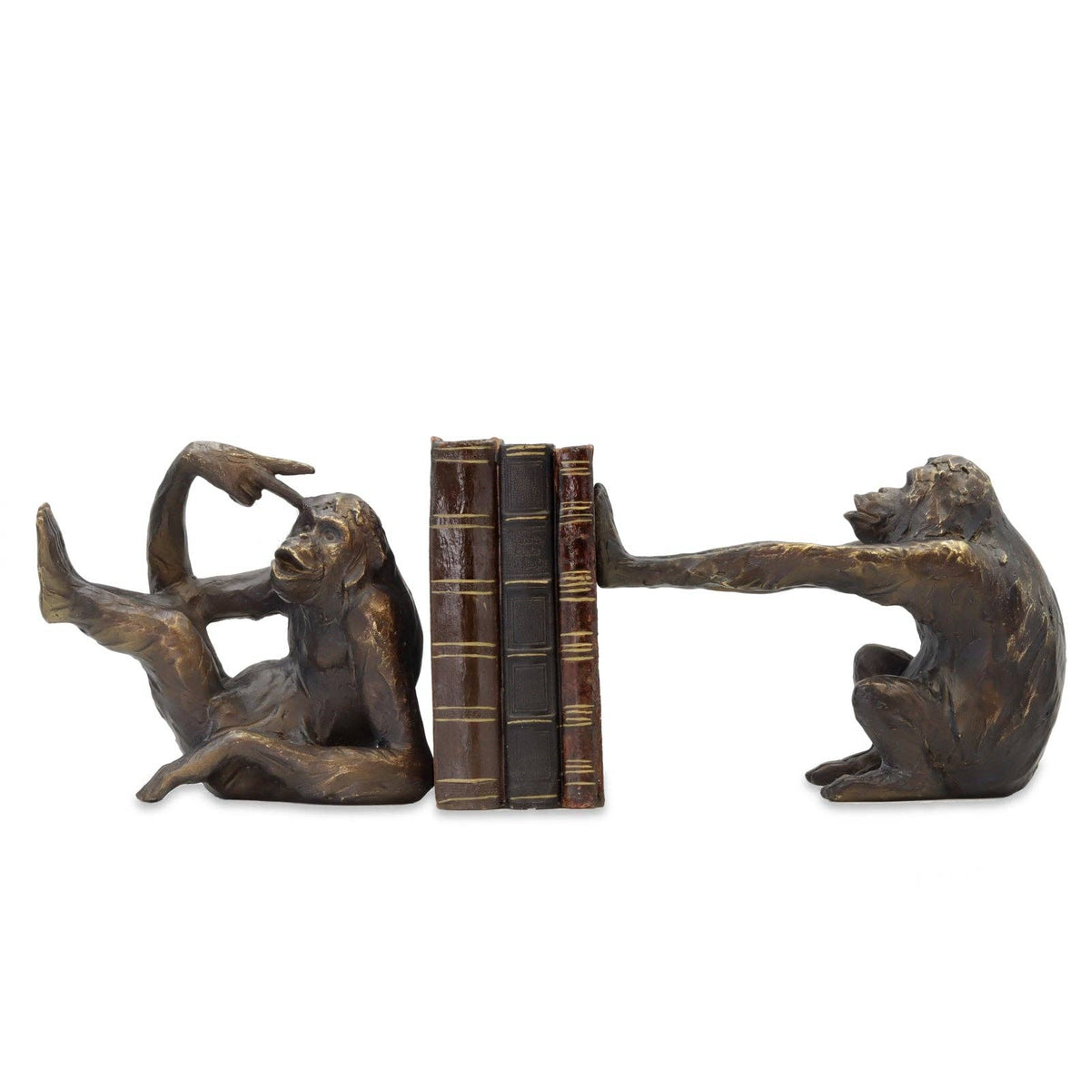 A pair of dark brown monkey bookends holding a set of three vintage-style books, photographed against a solid white background.
