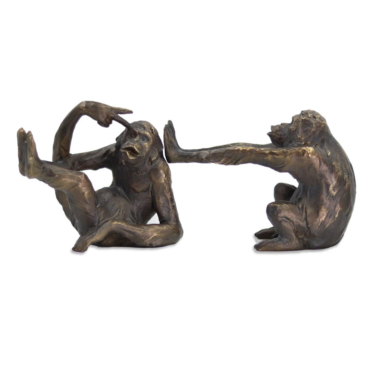 A pair of bronze-finished monkey sculptures depicting two playful primates on a plain white background.