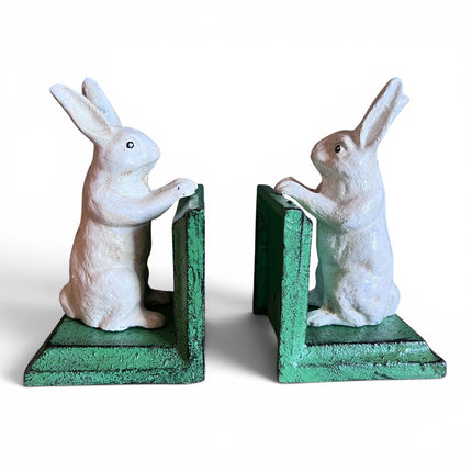 Cast Iron Antiqued Pair of White Rabbit Bookends