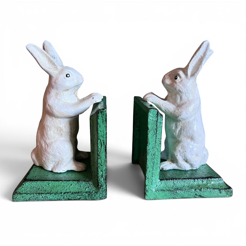 Cast Iron Antiqued Pair of White Rabbit Bookends