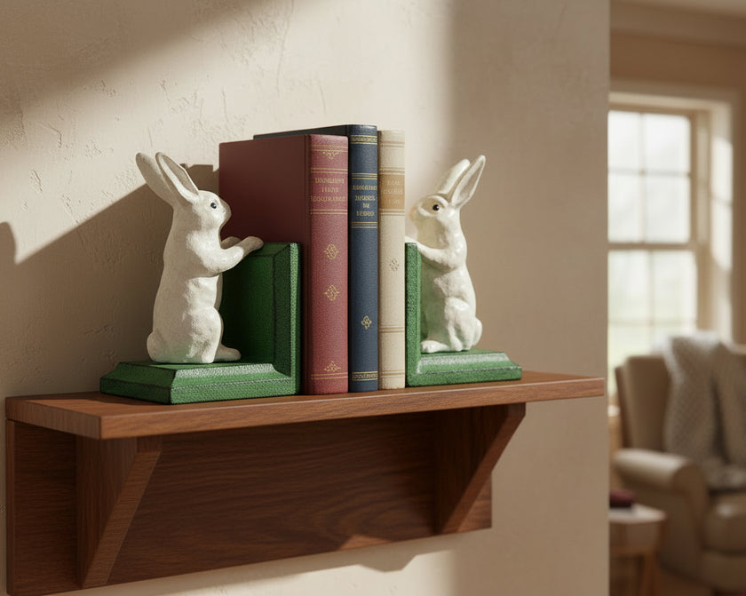 Cast Iron Antiqued Pair of White Rabbit Bookends