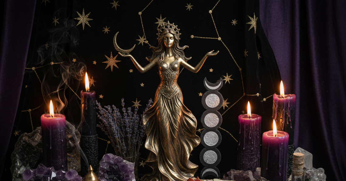 altar, Divine Feminine Figurine, center, witchy theme