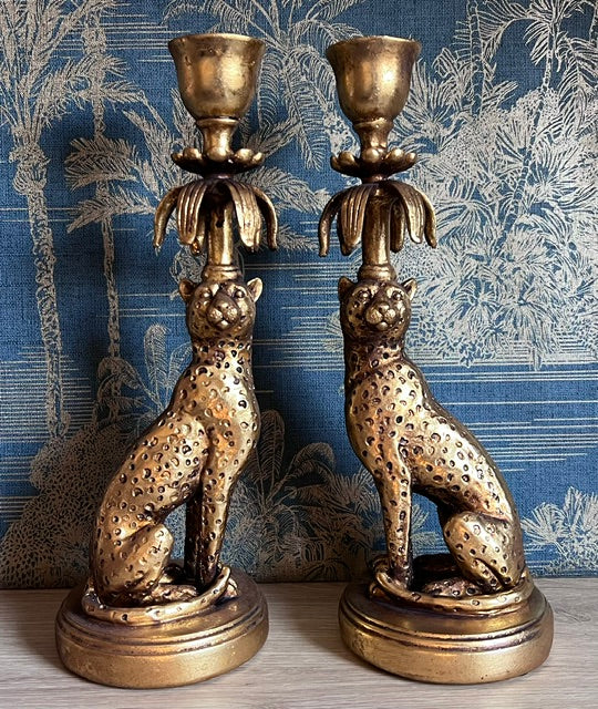 Leopard Candlestick Holders – Regal Elegance in Antique Gold