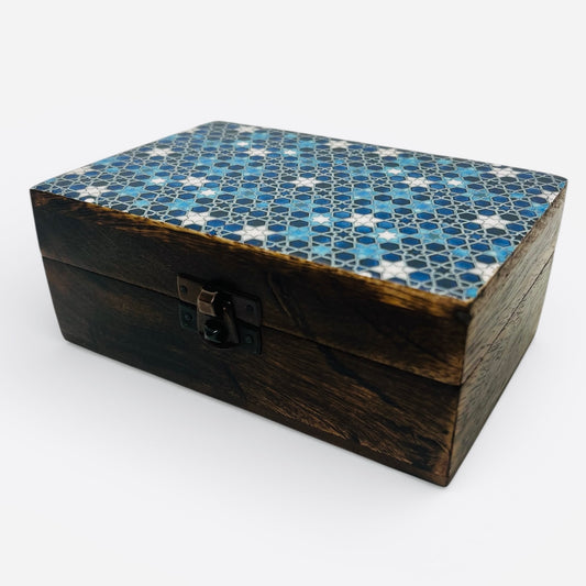Ceramic Glazed Wood Box - Blue stars