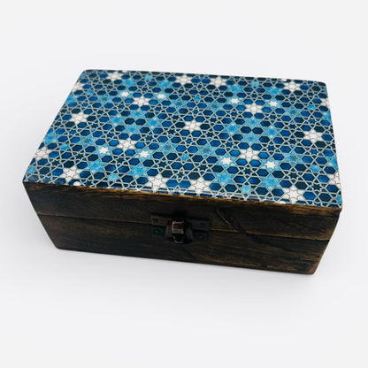 Ceramic Glazed Wood Box - Blue stars