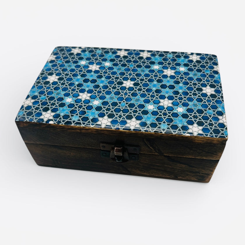 Ceramic Glazed Wood Box - Blue stars