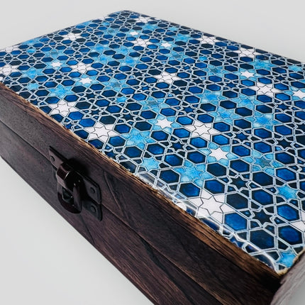 Ceramic Glazed Wood Box - Blue stars
