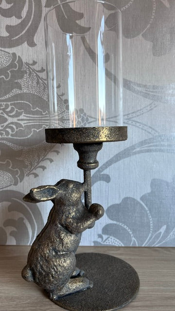 Antiqued Rabbit Candle Holder with Glass Cover