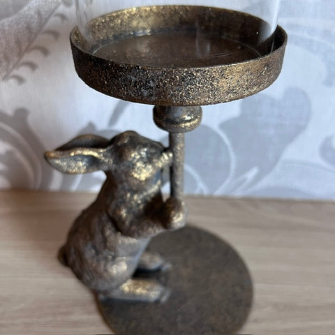 Antiqued Rabbit Candle Holder with Glass Cover