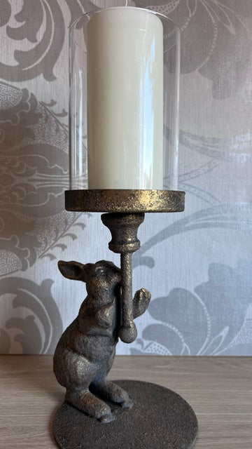 Antiqued Rabbit Candle Holder with Glass Cover