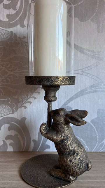 Antiqued Rabbit Candle Holder with Glass Cover