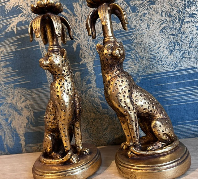 Leopard Candlestick Holders – Regal Elegance in Antique Gold