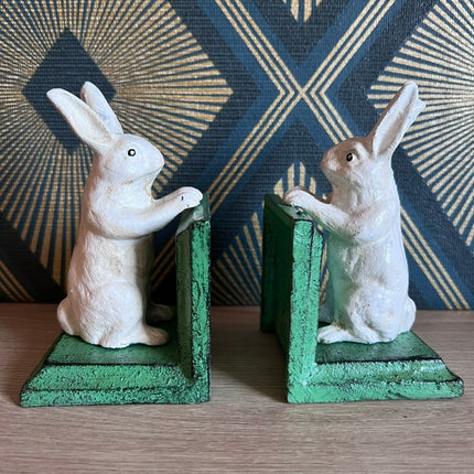 Cast Iron Antiqued Pair of White Rabbit Bookends