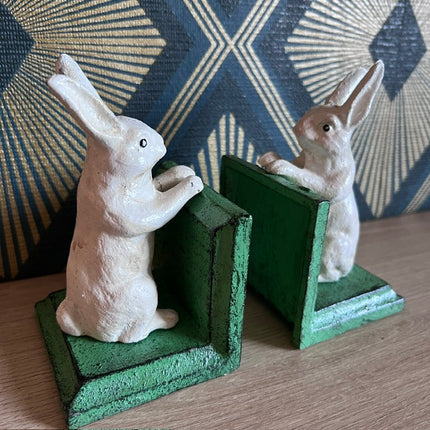 Cast Iron Antiqued Pair of White Rabbit Bookends
