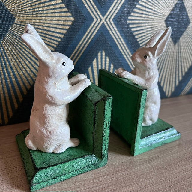 Cast Iron Antiqued Pair of White Rabbit Bookends