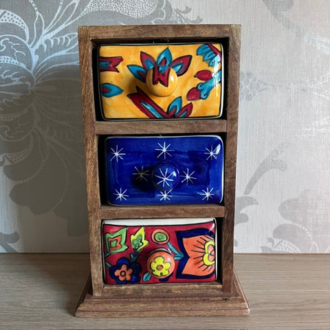 Wooden Mini Chest, 3 Ceramic Drawers
