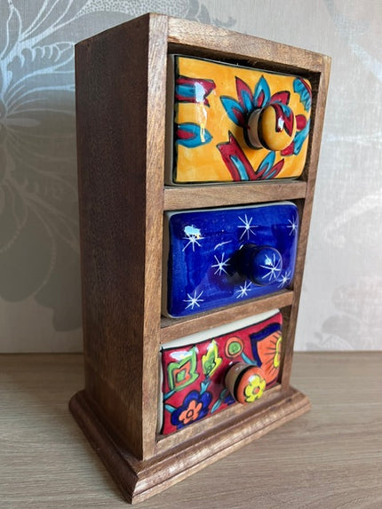 Wooden Mini Chest, 3 Ceramic Drawers