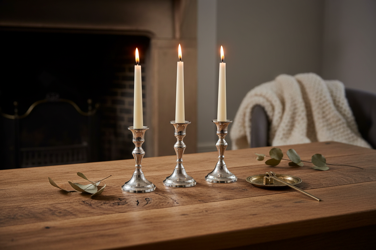 ivory colour taper candles in candles holders on oak table