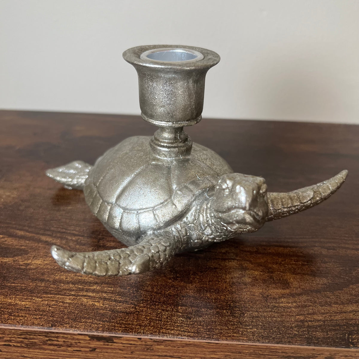 A Silver Sea Turtle candle holder display